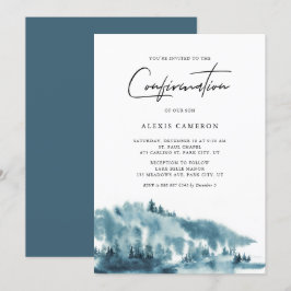 Convite Confirmação de Inverno da Floresta Azul de Aquarel