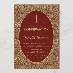 Convite Confirmação de Menina Bordô Rosas Douradas Elegant