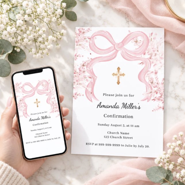 Convite Confirmação de menina com flores e laço rosa (Criador carregado)