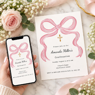 Convite Confirmação de menina com laço rosa e creme