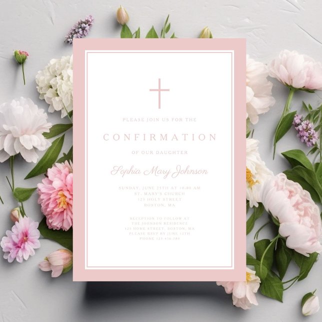 Convite Confirmação de Menina Cruz Rosa Moderna (Modern Pink Cross Girl Confirmation Invitation)