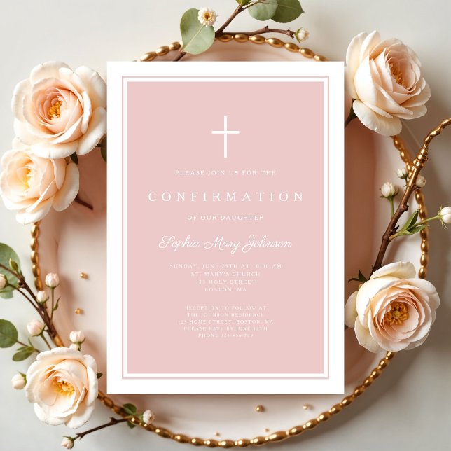 Convite Confirmação de Menina Cruz Rosa Moderno (Modern Blush Pink Cross Boy Confirmation Invitation
)