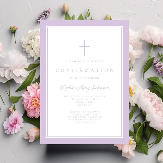 Convite Confirmação de Menina de Cruz Roxa Moderna (Modern Purple Cross GIrl Confirmation Invitation)