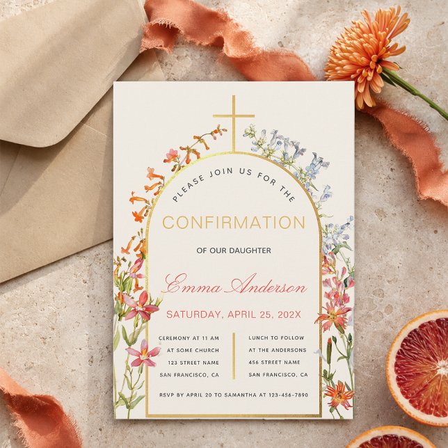Convite Confirmação de Menina Floral Arco Dourado e Flores (Criador carregado)