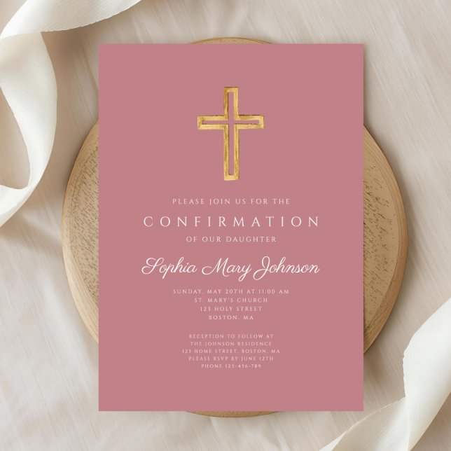 Convite Confirmação de Menina Religiosa Rosa Elegante (Elegant Pink Religious Cross Girl Confirmation Invitation )