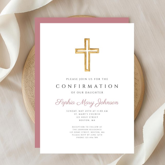 Convite Confirmação de Menina Religiosa Rosa Elegante (Elegant Pink Religious Cross Girl Confirmation Invitation)