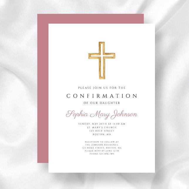 Convite Confirmação de Menina Religiosa Rosa Elegante (Elegant Pink Religious Cross Girl Confirmation Invitation)