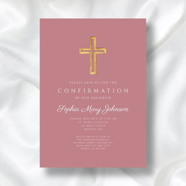 Convite Confirmação de Menina Religiosa Rosa Elegante (Elegant Pink Religious Cross Girl Confirmation Invitation)