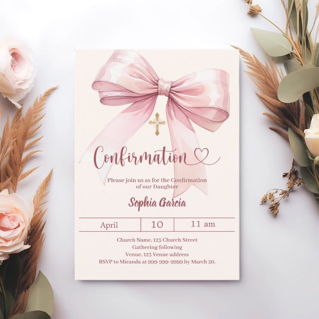 Convite Confirmação de menina rosa creme elegante (Criador carregado)
