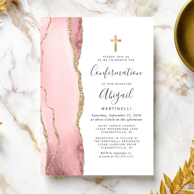 Convite Confirmação de Meninas com Brilho Dourado e Ágata  (Criador carregado)