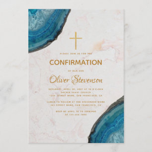 Convite Confirmação de Menino Blue Geode Agate Dourado Cro