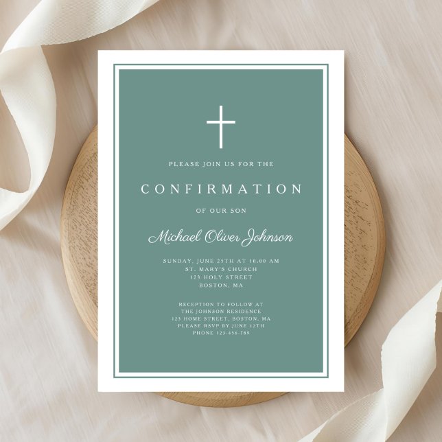 Convite Confirmação de Menino Cruz Verde Moderna (Modern Green Cross Boy Confirmation Invitation)