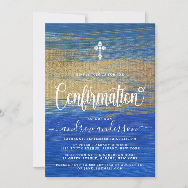 Convite Confirmação De Menino Dourado E Azul Elegante (Frente)
