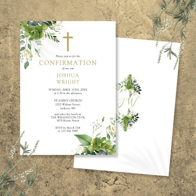 Convite Confirmação de Monograma de Folhagem de Eucalipto (Eucalyptus Greenery Monogram Confirmation Invitation)