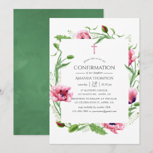 Convite Confirmação de Papoulas Rosa em Aquarela