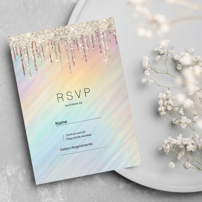 Convite Confirmação de presença com brilho holográfico em  (Rainbow holographic gold glitter drips RSVP)