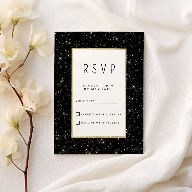 Convite Confirmação de presença com glitter preto e dourad (Black and gold sparkly glitter confetti RSVP )