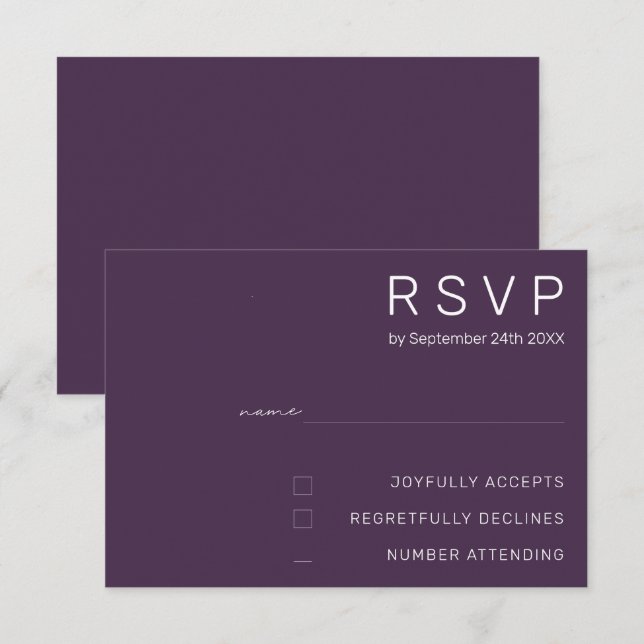 Convite Confirmação de RSVP de Casamento Moderno Roxo Past (Frente/Verso)