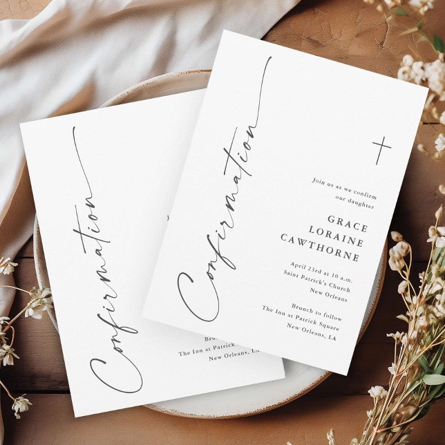Convite Confirmação de Script Elegante Moderno (Modern handwritten gender neutral religious confirmation invitations.)