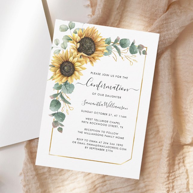 Convite Confirmação de Script Eucalyptus Floral Sunflower (Sunflower Eucalyptus Greenery Watercolor Confirmation Vellum Invitation)