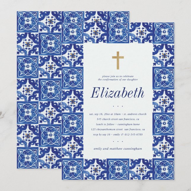 Convite Confirmação De Seus Azulejos Azuis Mediterrânicos (Frente/Verso)