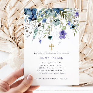 Convite Confirmação Delicada de Flores Selvagens Roxo e Az