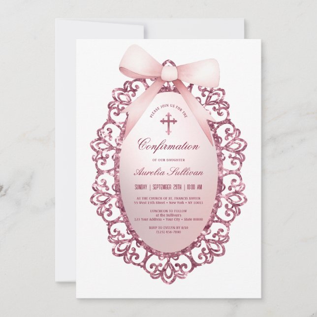 Convite Confirmação do Arco Rosa de Quadro da Glitter Vint (Frente)