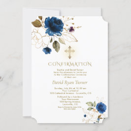 Convite Confirmação do Dourado Floral Boy Azul Luxury