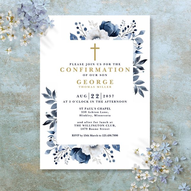 Convite Confirmação do Falso Botânico Azul-Marinho Moderno (Navy Blue Floral Botanical Modern Confirmation Invitation)