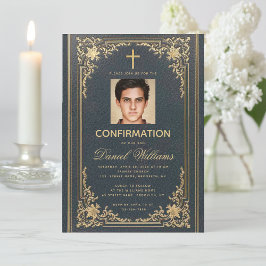 Convite Confirmação do Vintage Blue Dourado Photo Elegant 