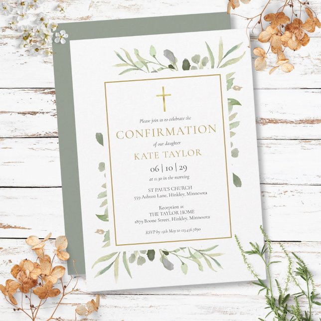 Convite Confirmação Dourada de Aquarela (Watercolor Greenery Gold Confirmation Invitation)