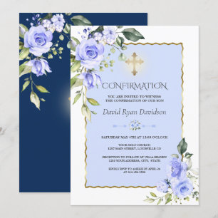 Convite Confirmação Dourada de Cross Boy das Flores Azui