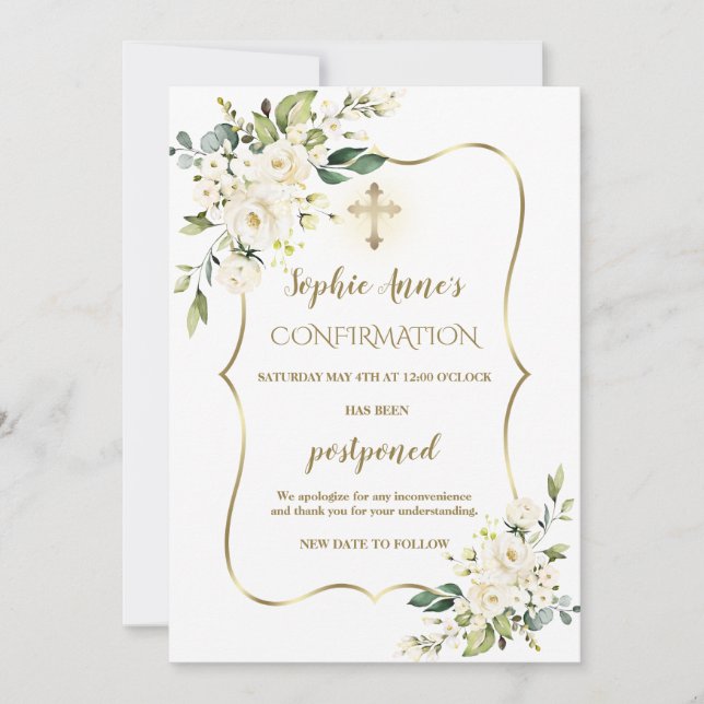 Convite Confirmação Dourada de Flores Brancas Adiada Atual (Frente)
