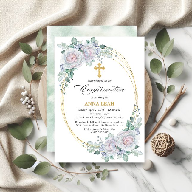 Convite Confirmação Dourada de Rosa Floral Elegante (Elegant Floral Rose Gold Cross Confirmation Invite front and back view.)
