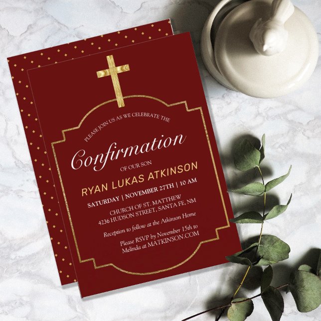 Convite Confirmação Dourada Simples da Moderna Borgonha (MODERN BURGUNDY SIMPLE GOLD CROSS CONFIRMATION INVITATION)