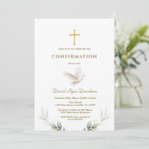 Convite Confirmação Elegante Cruz Dourada Pombo Sage Green