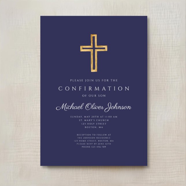 Convite Confirmação Elegante de Marinho Azul Religioso Cru (Elegant Navy Blue Religious Cross Boy Confirmation Invitation)