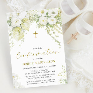 Convite Confirmação Elegante Floral Branco e Cruz Dourada