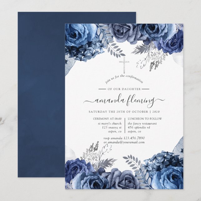 Convite Confirmação em Azul Marinho e Branco com Floral de (Frente/Verso)
