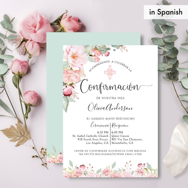 Convite Confirmação Espanhola Rosa Dourada, Mint Floral (Criador carregado)