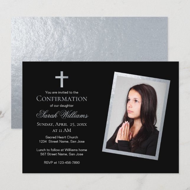 Convite Confirmação Falso Prata e Preto Caligrafia Fotográ (Frente/Verso)