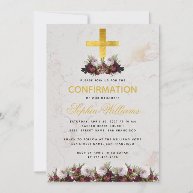 Convite Confirmação Feminina Cruz Dourada com Peônia em Má (Frente)