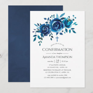 Convite Confirmação Floral Azul Marinho e Branco