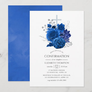Convite Confirmação Floral Azul Real e Prata
