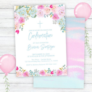 Convite Confirmação Floral Azul Rosa Pêssego Roxo Flores
