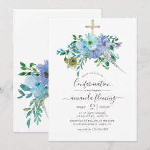 Convite Confirmação Floral Boho em Aquarela Verde e Azul