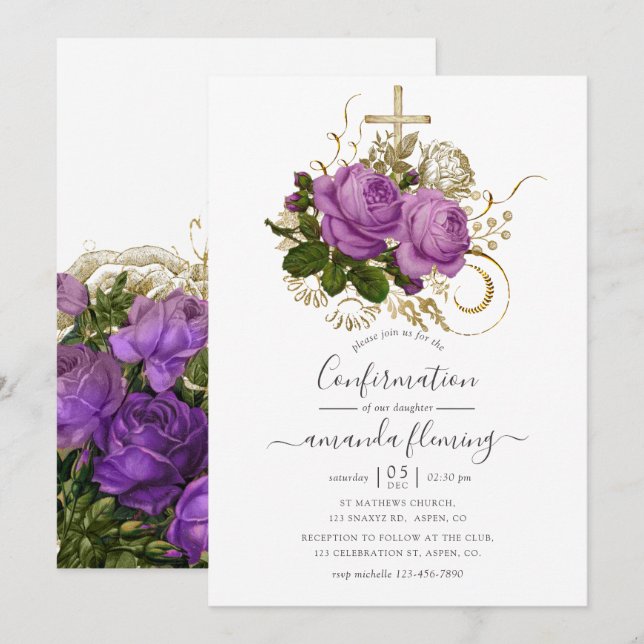 Convite Confirmação Floral Chic Roxo e Dourada (Frente/Verso)