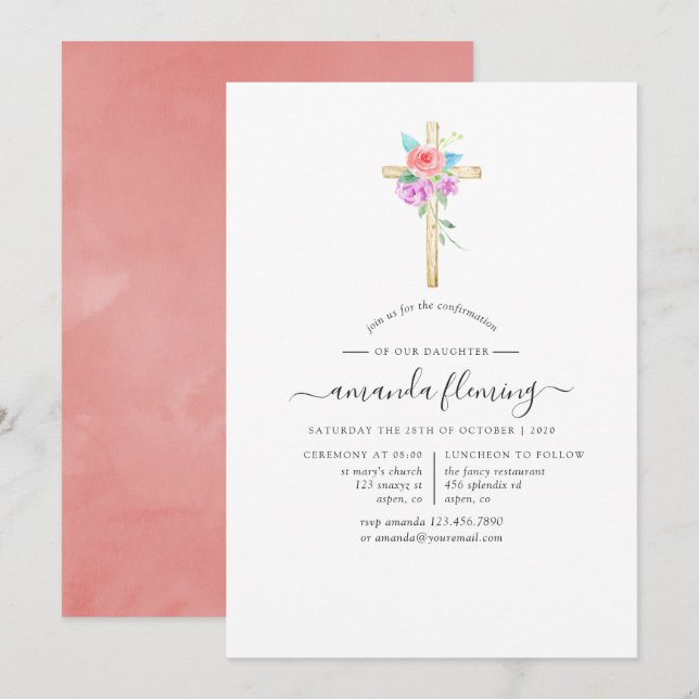 Convite Confirmação Floral de Aquarela Pastel (Frente/Verso)