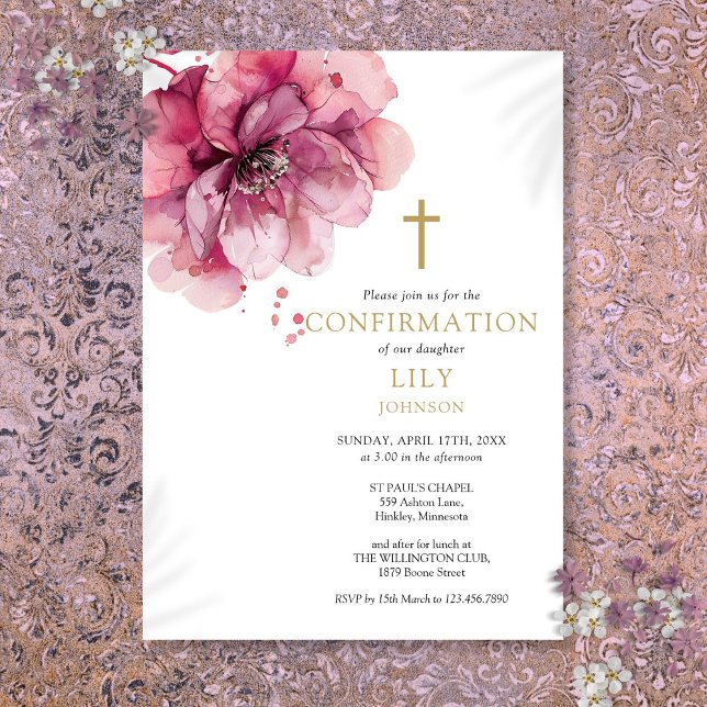 Convite Confirmação Floral de Aquarela Rosa Empoeirada Mod (Modern Dusty Rose Watercolor Floral Confirmation Invitation)