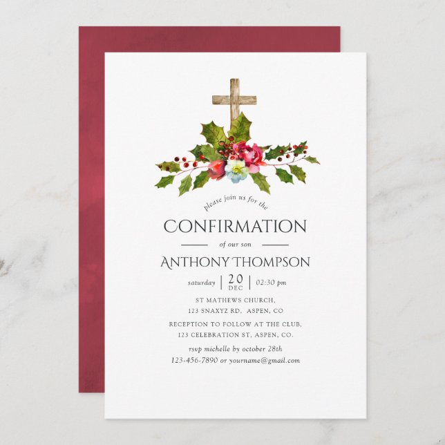 Convite Confirmação Floral de Casamento de Natal (Frente/Verso)